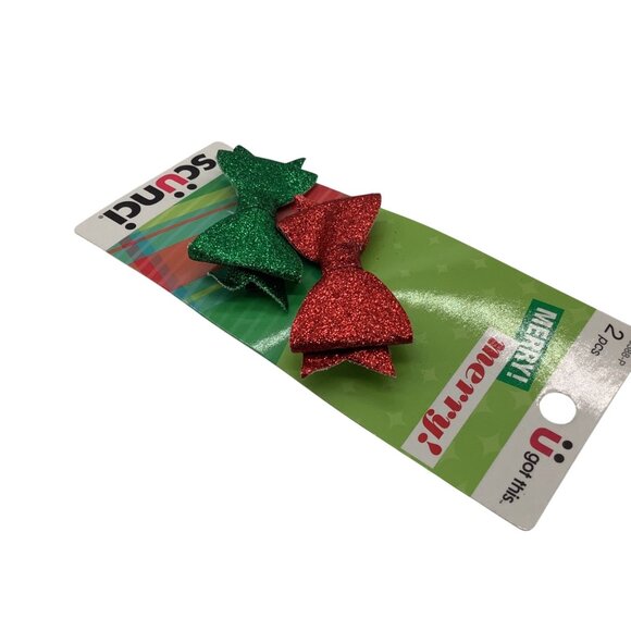 Scunci Christmas Glitter Hair Clips 2pcs Red & Green Holiday Accessories Bow - Picture 4 of 5